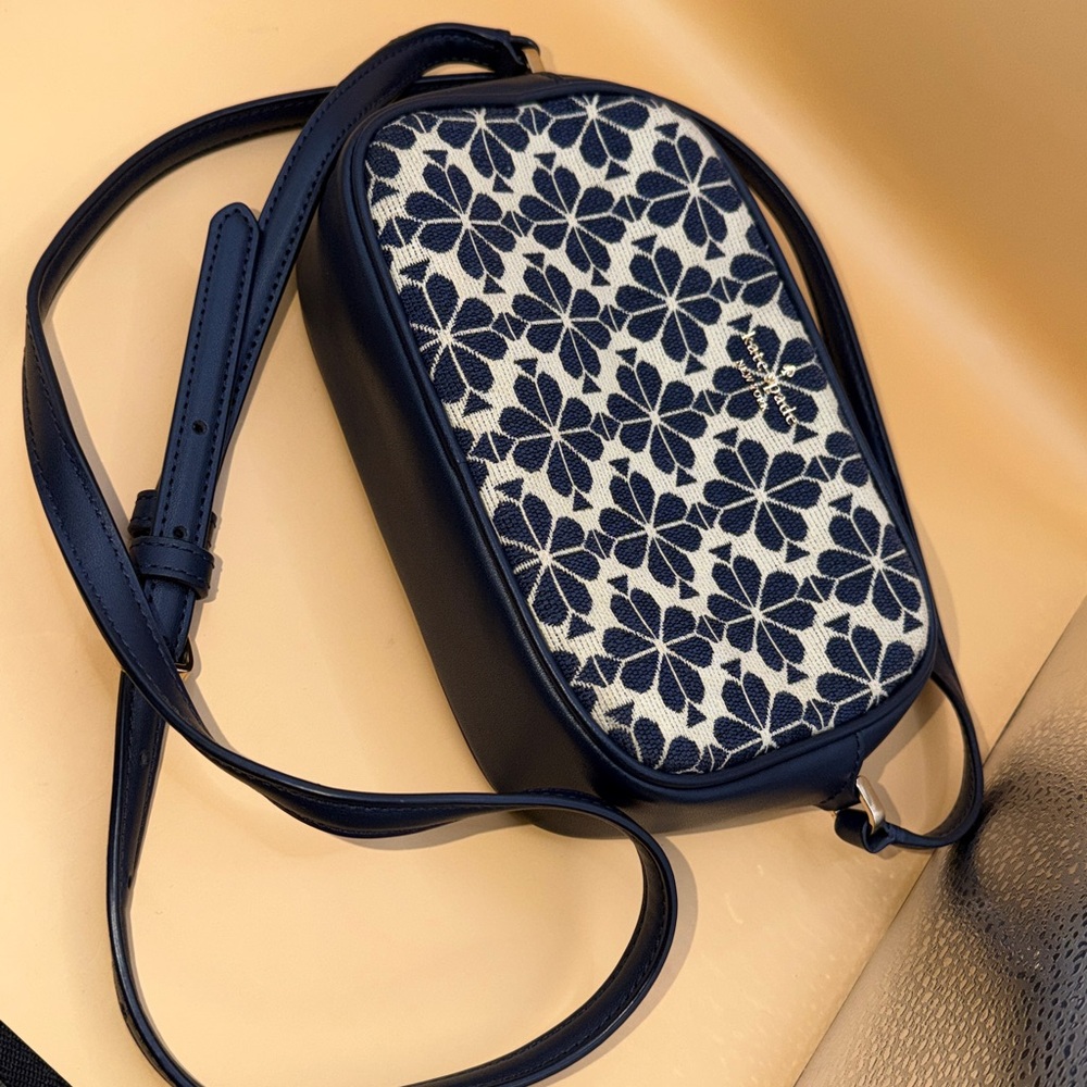 Kate Spade New York Blue Canvas Leather Trim Floral Crossbody Bag - EUC